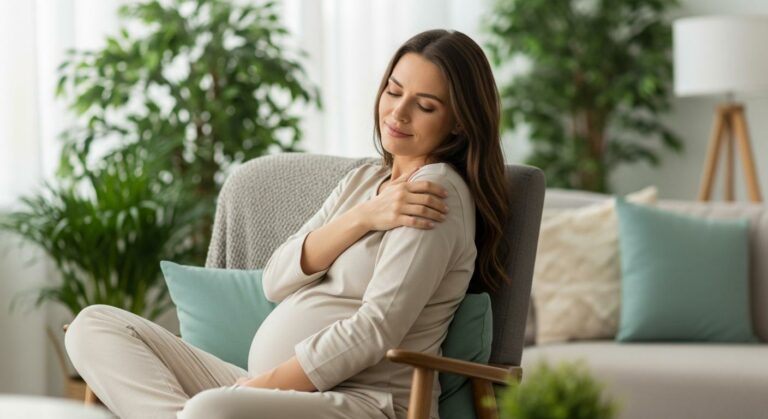 Femme enceinte assise sur un canapé apaisant sa peau pour illustrer la cholestase gravidique