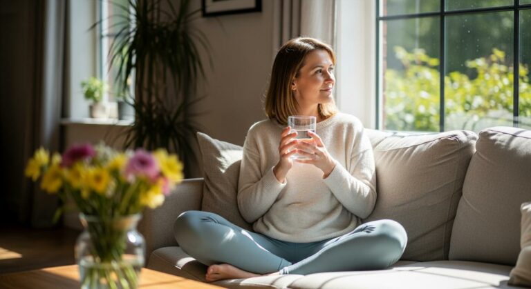 A relaxed woman drinking a large glass of water in her living room, an essential gesture to relieve postpartum constipation.