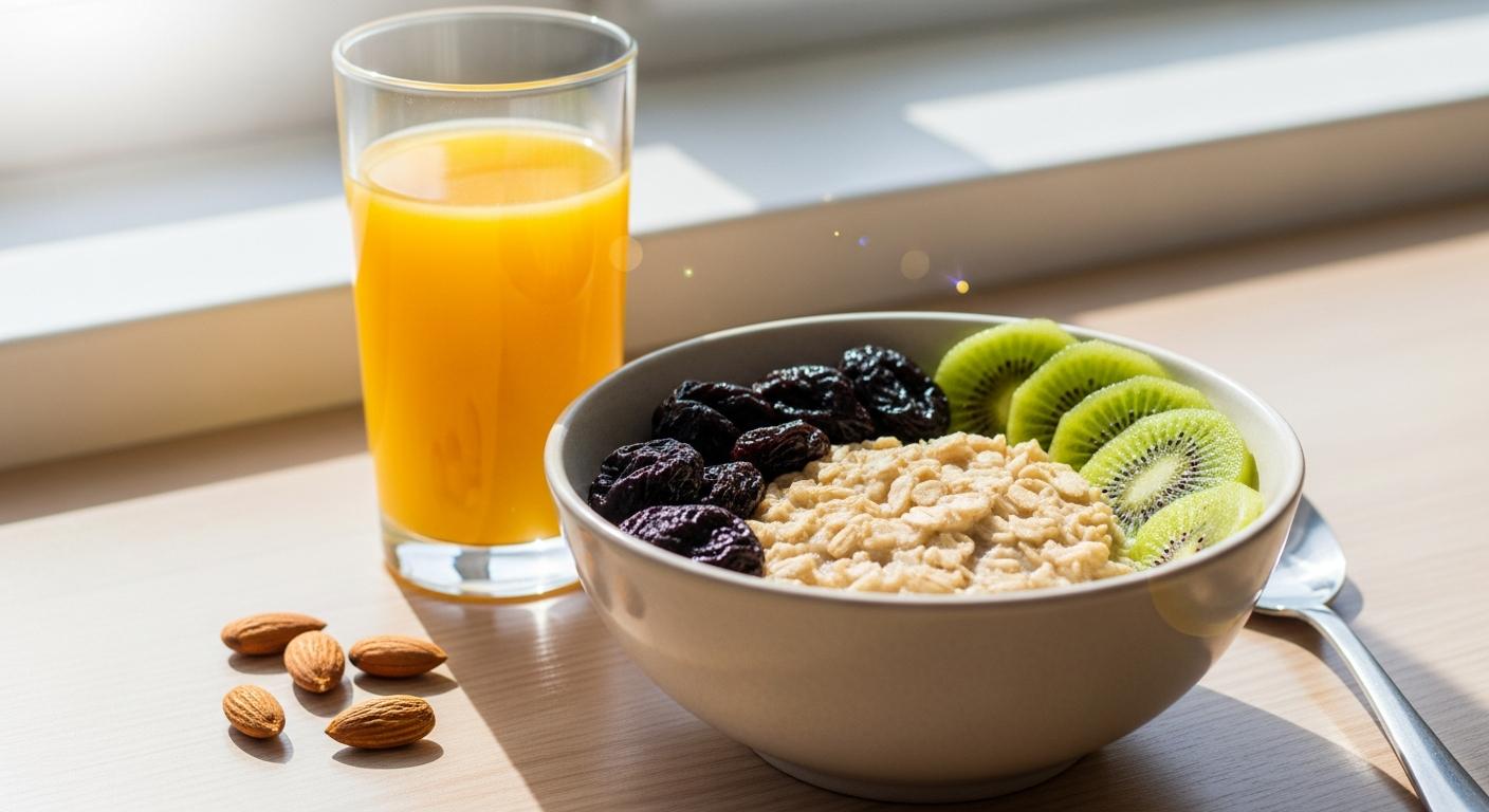 A bowl of oatmeal with prunes and kiwi on a wooden table, fiber-rich foods to fight postpartum constipation.