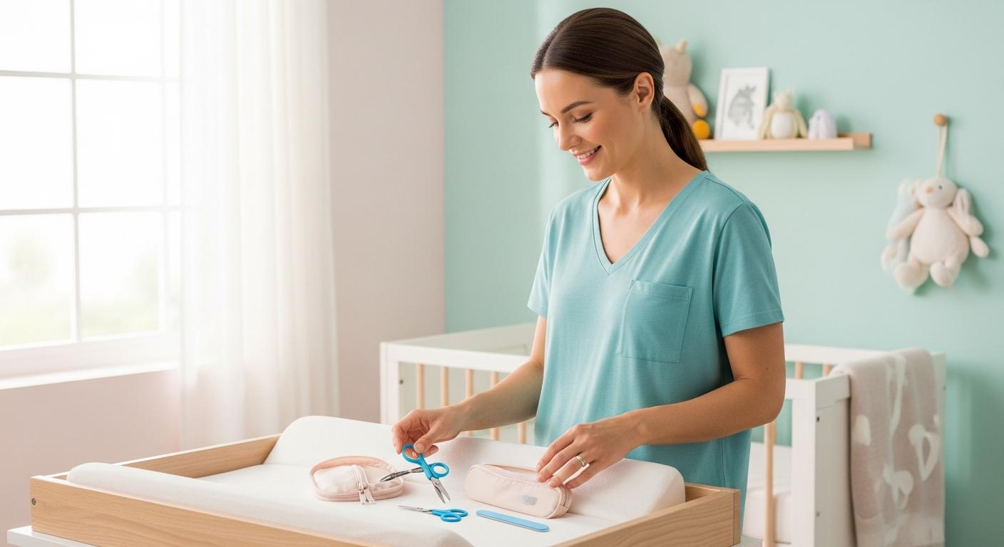 Une mère prépare des ciseaux à bouts ronds sur une table à langer pour couper ongles bébé correctement.