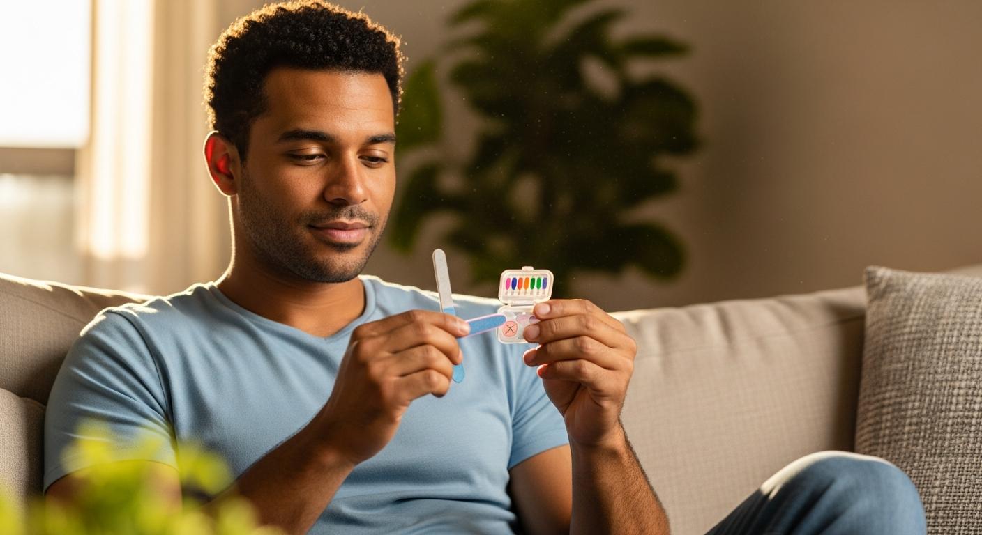 Un père tenant un set de manucure conçu pour couper ongles bébé en toute sécurité dans un salon.