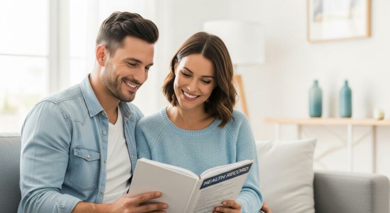 Parents souriants regardant un carnet de santé pour surveiller la courbe de croissance garcon et fille.