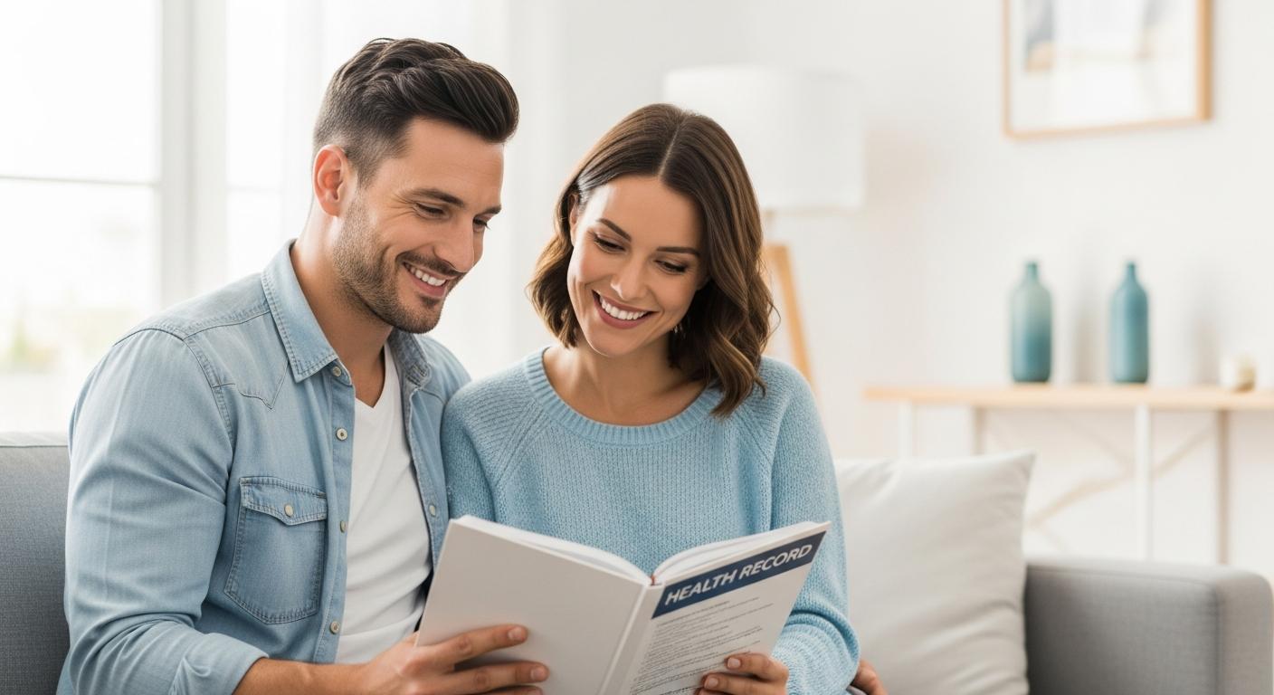 Parents souriants regardant un carnet de santé pour surveiller la courbe de croissance garcon et fille.