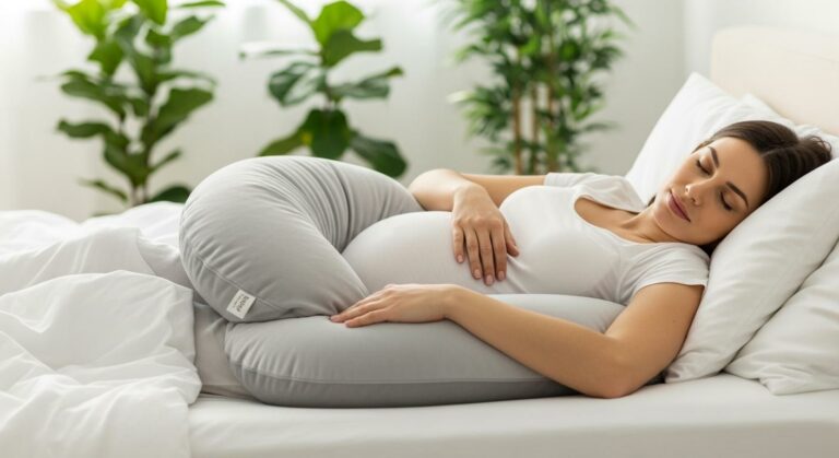 Femme enceinte dormant paisiblement sur le côté avec un coussin grossesse confortable