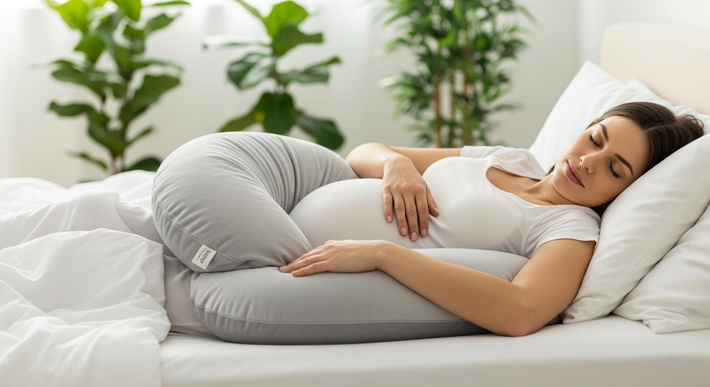 Femme enceinte dormant paisiblement sur le côté avec un coussin grossesse confortable