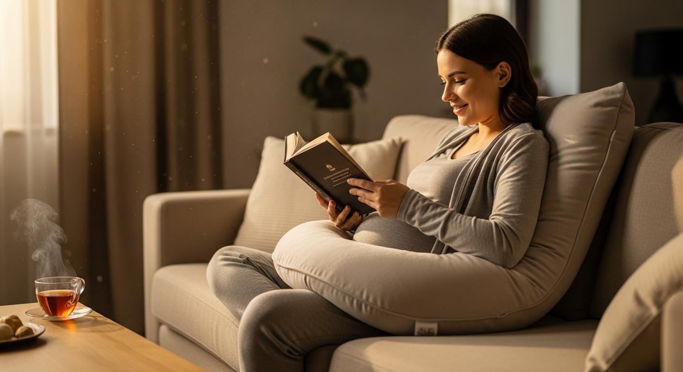 Future maman assise sur un canapé utilisant un coussin grossesse pour soutenir son dos
