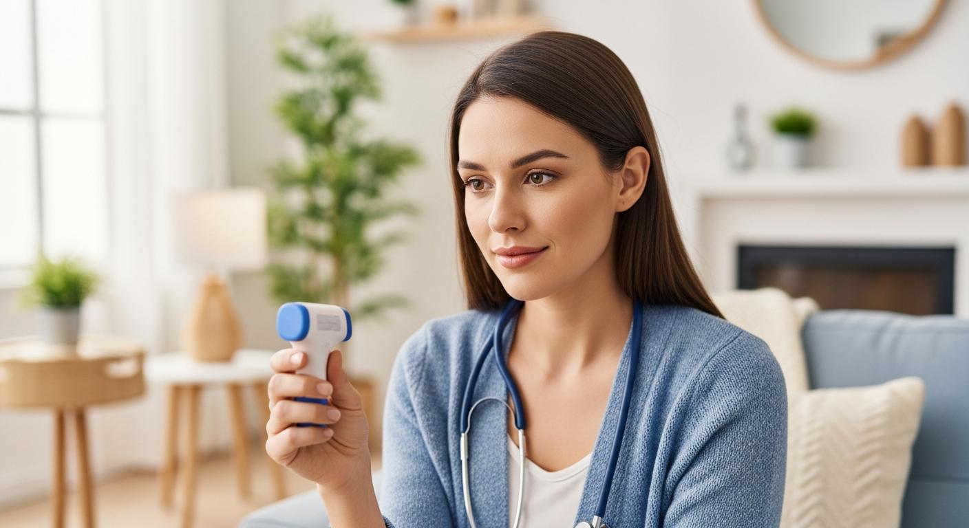 A woman looks attentively at a medical thermometer in a living room, illustrating fever monitoring related to child convulsive seizures.