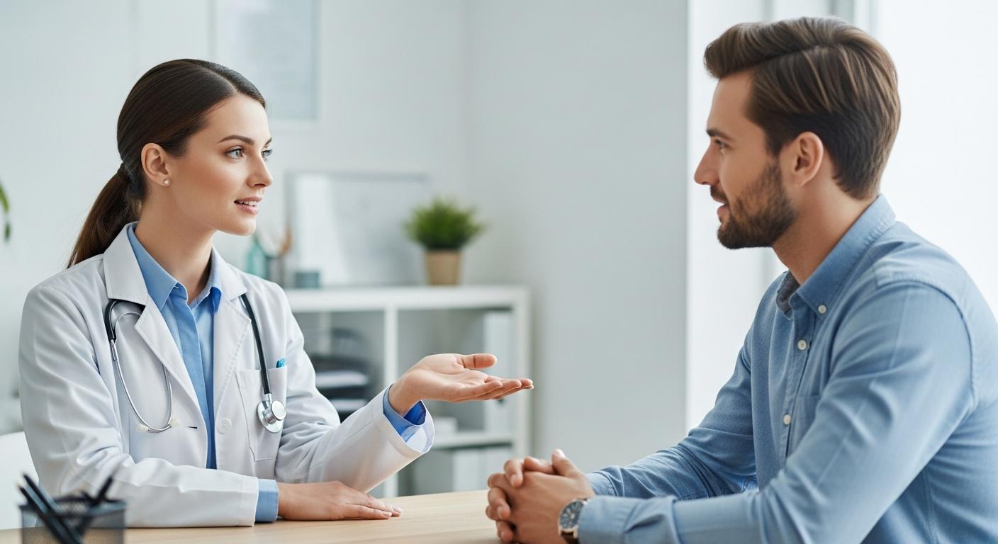 A doctor explains safety protocol to a parent in a modern medical office, concerning child convulsive seizures.