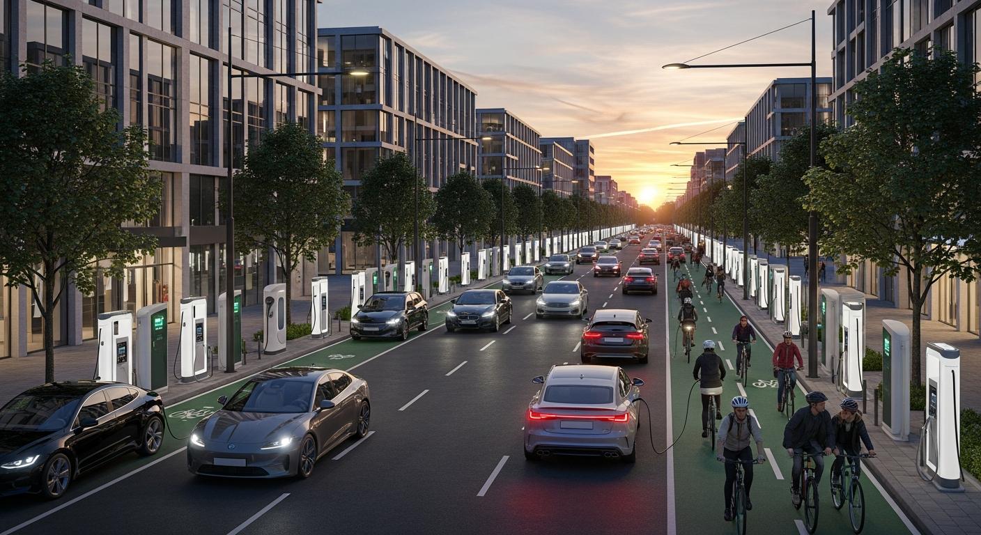 avenue urbaine avec voitures électriques et bornes de recharge au coucher du soleil