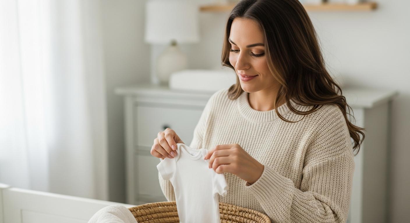 Smiling pregnant woman sorting baby clothes illustrating preparation and the differences of a second pregnancy