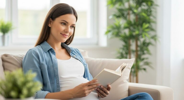 Une femme enceinte assise sur un canapé se renseigne sur le développement cognitif de son futur enfant