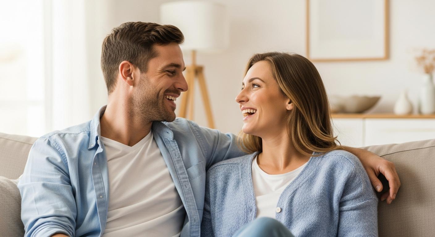 Couple discutant joyeusement sur un canapé illustrant un environnement propice au développement du language