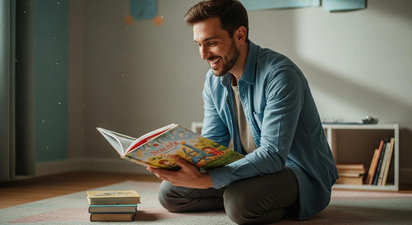 Père organisant des livres imagés dans une chambre pour favoriser le développement du language
