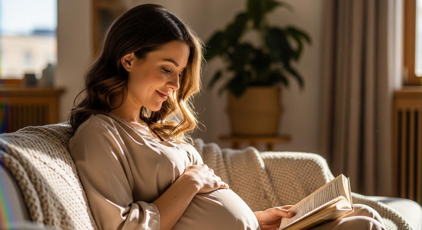 Future mom resting on a sofa evoking the moment when one must stop sleeping on stomach while pregnant