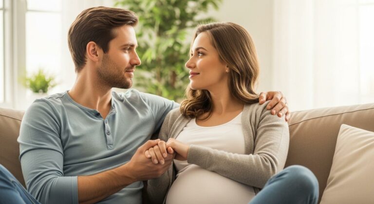 A complicit couple sitting on a sofa looking for solutions to pain during intercourse while pregnant