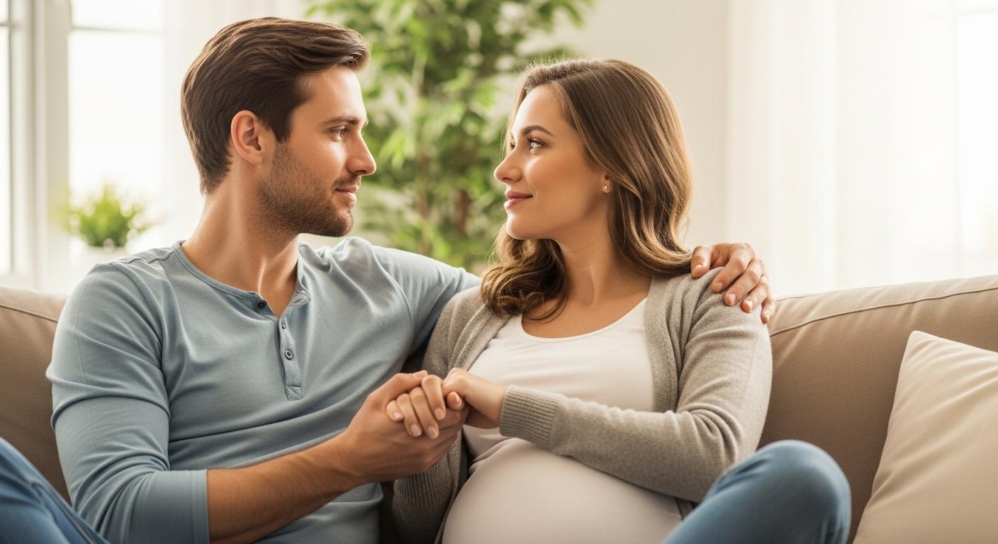 A complicit couple sitting on a sofa looking for solutions to pain during intercourse while pregnant