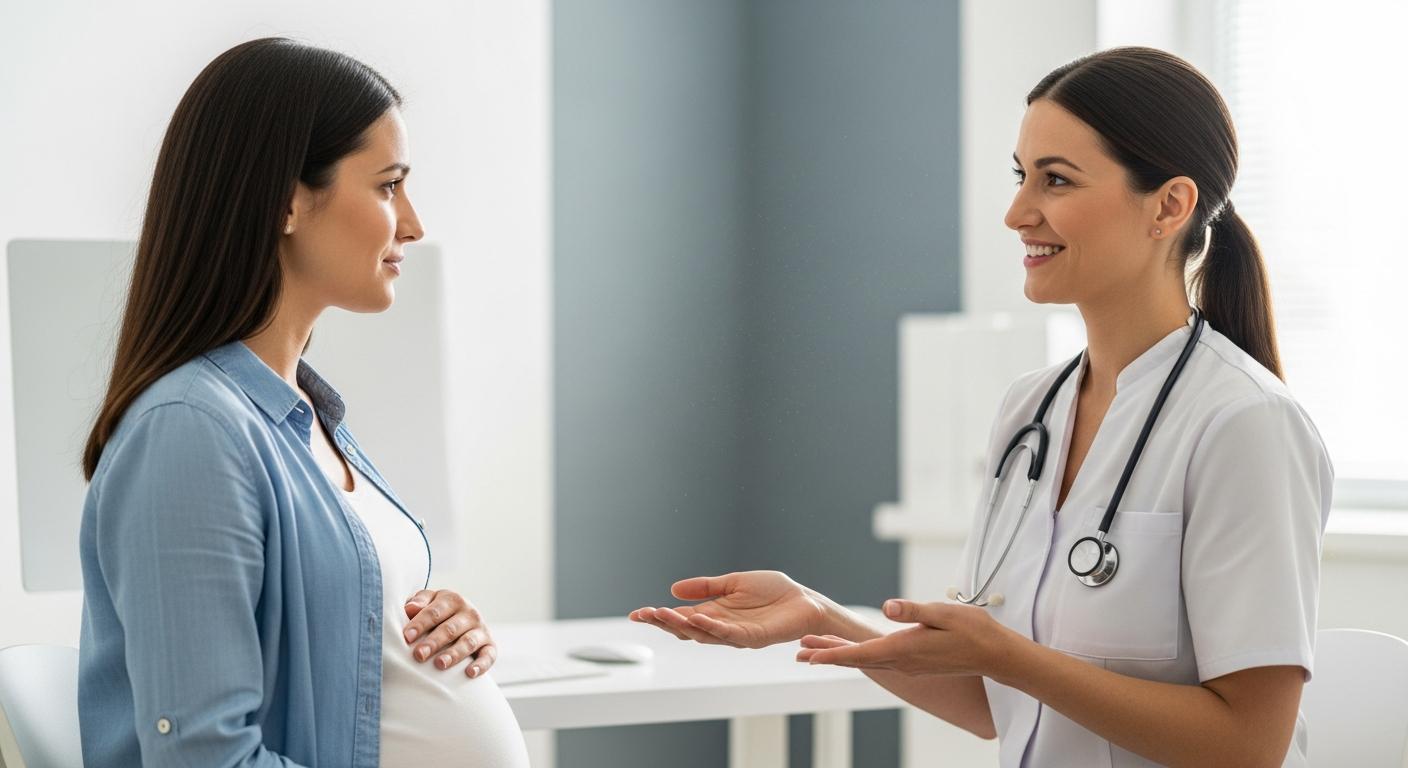 A pregnant woman consults a smiling midwife regarding pain during intercourse while pregnant