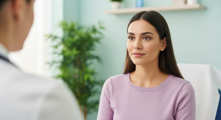 Une femme en consultation chez le médecin pour comprendre la durée fausse couche et le suivi médical nécessaire