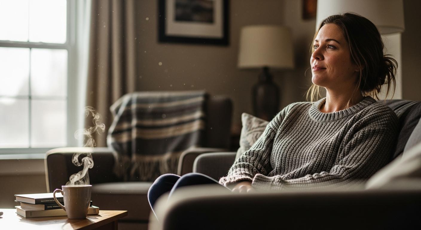 Une femme se reposant au calme dans son salon pendant la période de rétablissement liée à la durée fausse couche