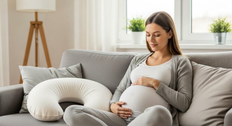 A pregnant woman resting on a sofa with a nursing pillow next to her illustrating daily life pregnant while breastfeeding