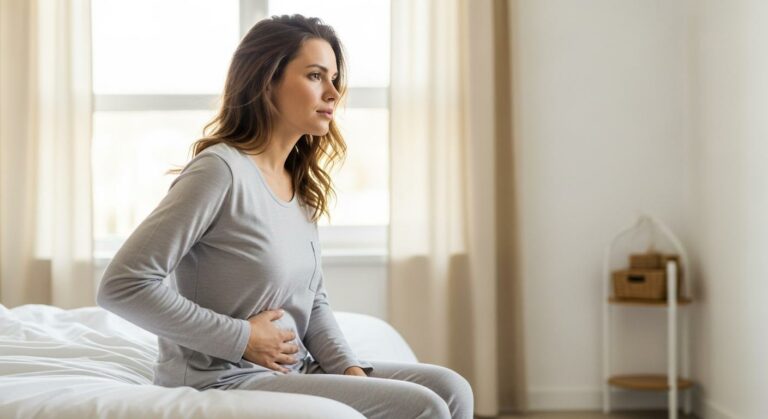 Young mother sitting on her bed feeling abdominal pain related to postpartum endometritis