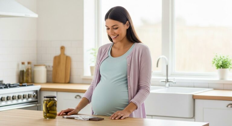 Femme enceinte joyeuse observant des aliments variés dans sa cuisine symbolisant les envies grossesse