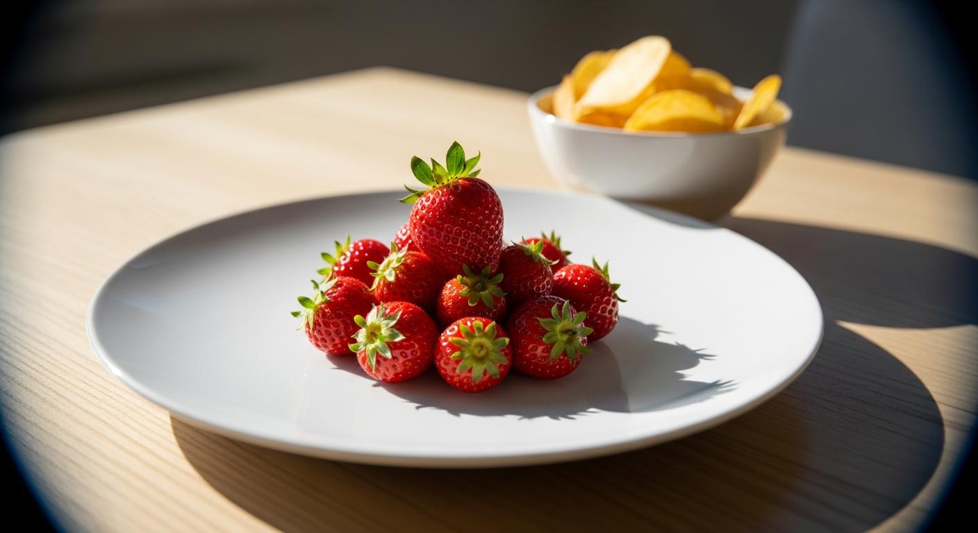 Assiette de fraises et bol de chips posés sur une table illustrant les envies grossesse de sucré salé