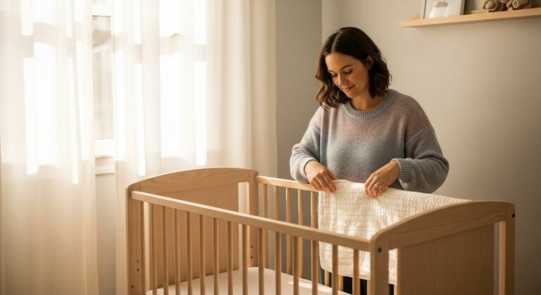 Une maman souriante arrange un berceau dans une chambre lumineuse illustrant un environnement propice à l'évolution du sommeil