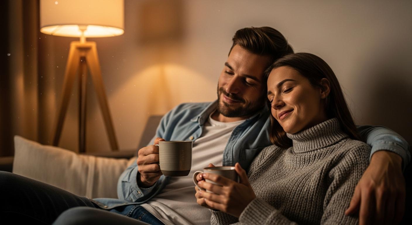 Des parents reposés se détendant sur un canapé en soirée après avoir géré l'évolution du sommeil de leur enfant
