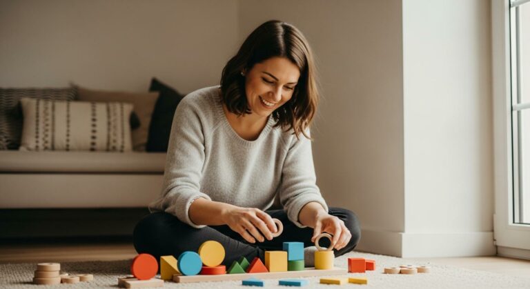 Une maman dispose des jeux d éveil en bois sur un tapis pour encourager l évolution motricité fine.