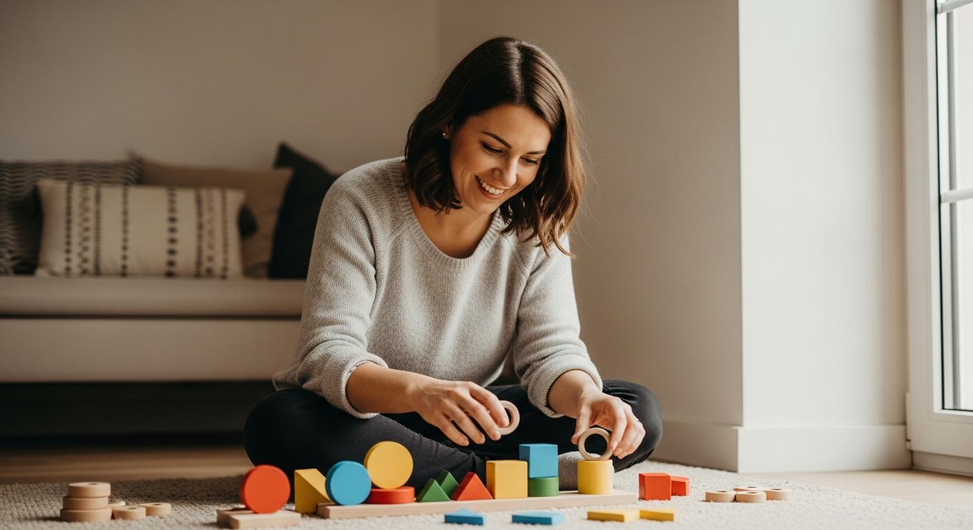 Une maman dispose des jeux d éveil en bois sur un tapis pour encourager l évolution motricité fine.