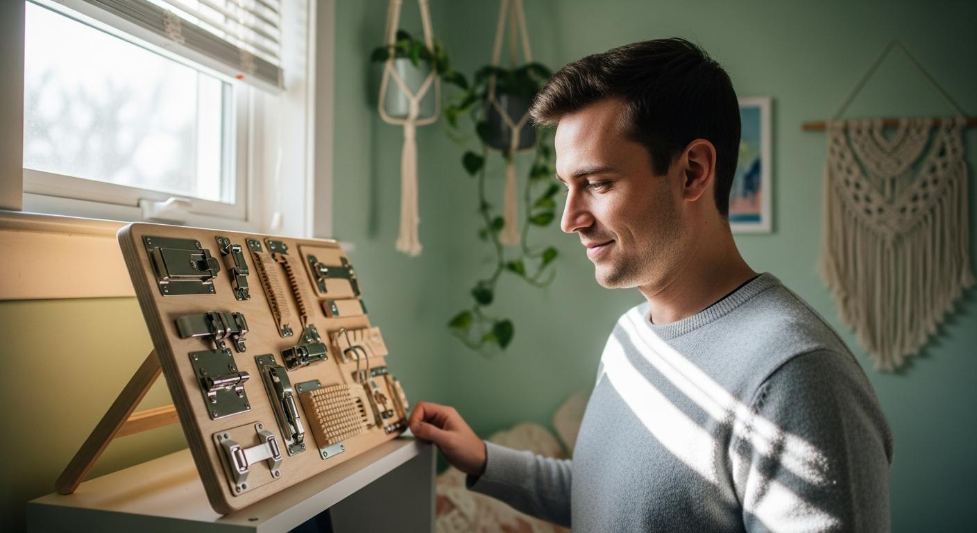 Un papa observe une planche d activités conçue pour accompagner l évolution motricité fine des tout petits.