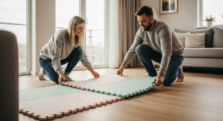 A couple installing a comfortable floor mat in the living room to prepare the environment for gross motor skills evolution.