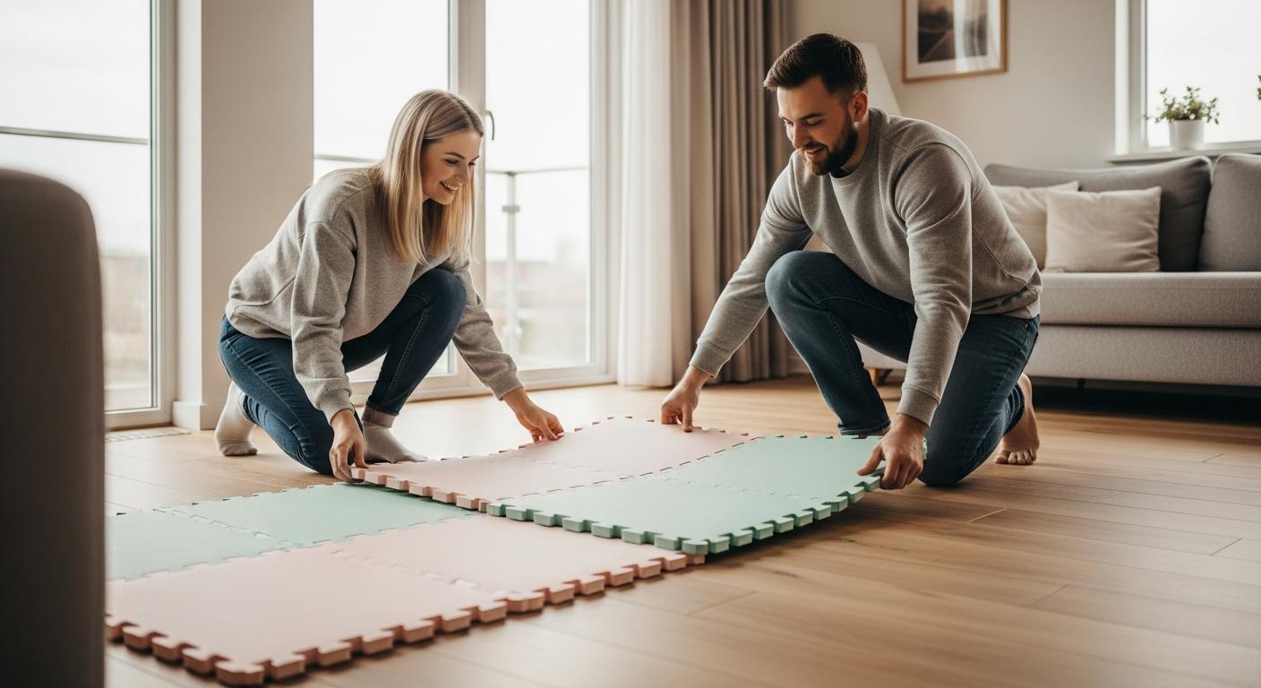 A couple installing a comfortable floor mat in the living room to prepare the environment for gross motor skills evolution.