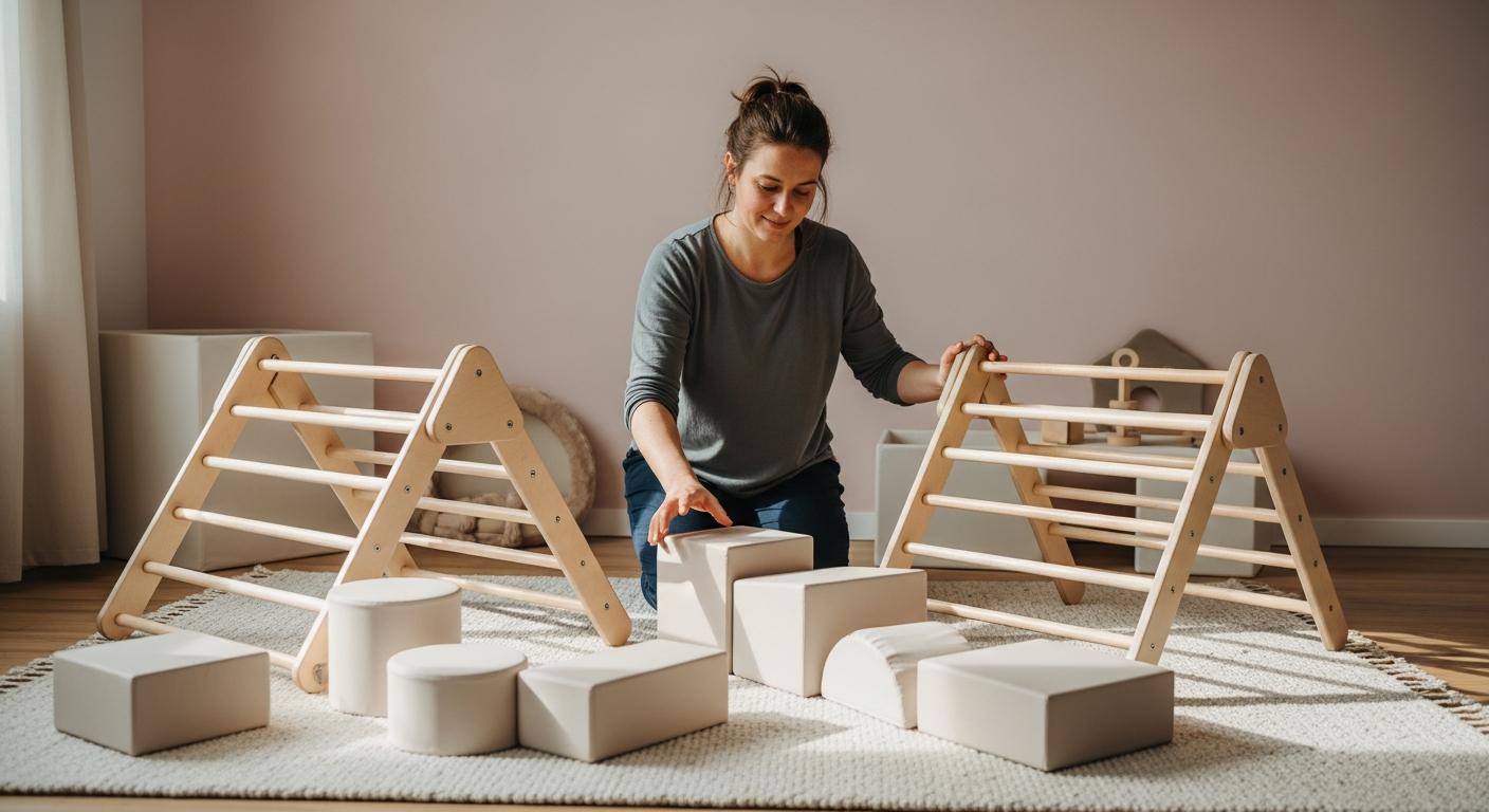 A young woman arranging a wooden climbing structure in a nursery, fostering gross motor skills evolution through play.