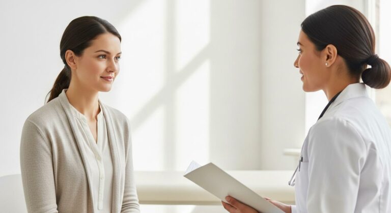 Femme en consultation médicale discutant avec un médecin des facteurs et causes fausse couche