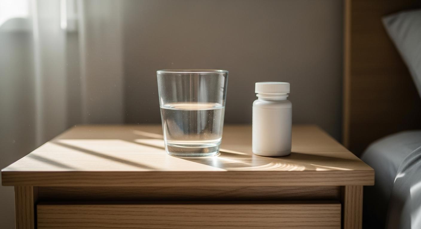 Vitamines et verre d'eau sur une table évoquant la santé et les causes fausse couche liées aux carences