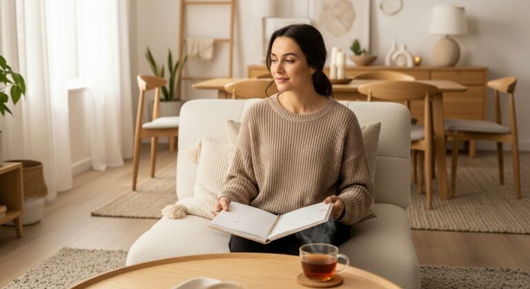 A calm woman sitting on a sofa consulting a calendar to distinguish between miscarriage or period
