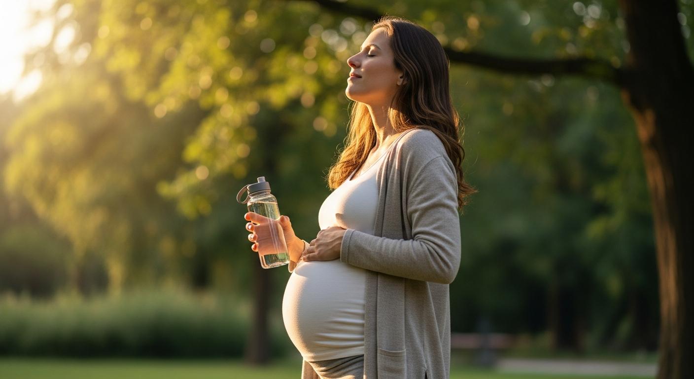 Femme enceinte sereine profitant de l air pur dans un parc illustrant le choix de ne pas fumer grossesse