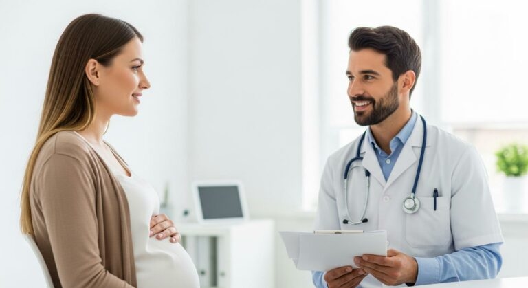 Pregnant woman in medical consultation discussing her high-risk pregnancy with a doctor