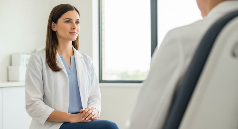 Femme en consultation chez le gynécologue discutant d un diagnostic de grossesse arrêtée
