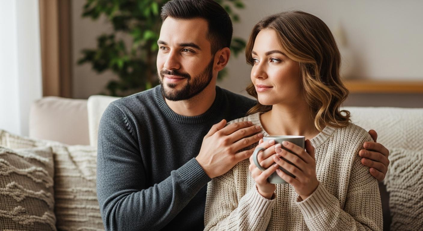 Couple assis dans un salon partageant un moment de réconfort face à une grossesse arrêtée