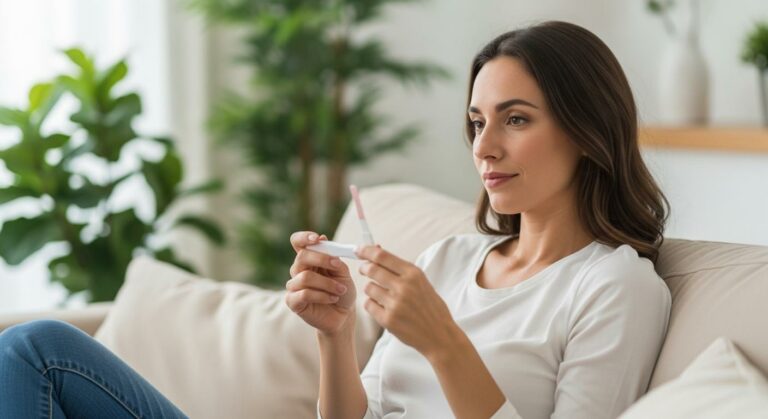 Une jeune femme regarde pensivement un test de grossesse positif dans un salon lumineux illustrant le début d'une grossesse biochimique
