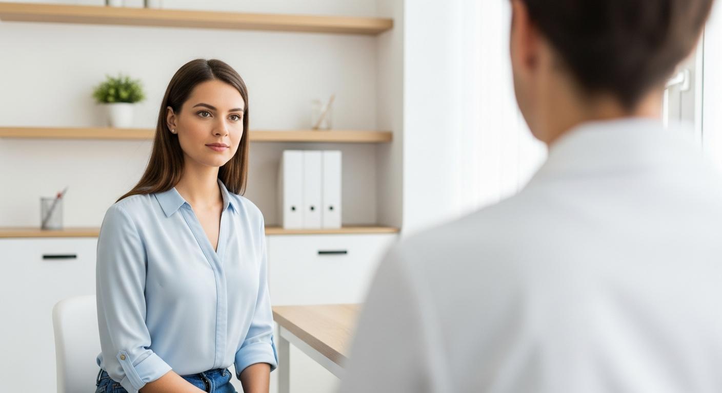 Une jeune femme assise dans un cabinet médical discutant du diagnostic d une grossesse molaire.