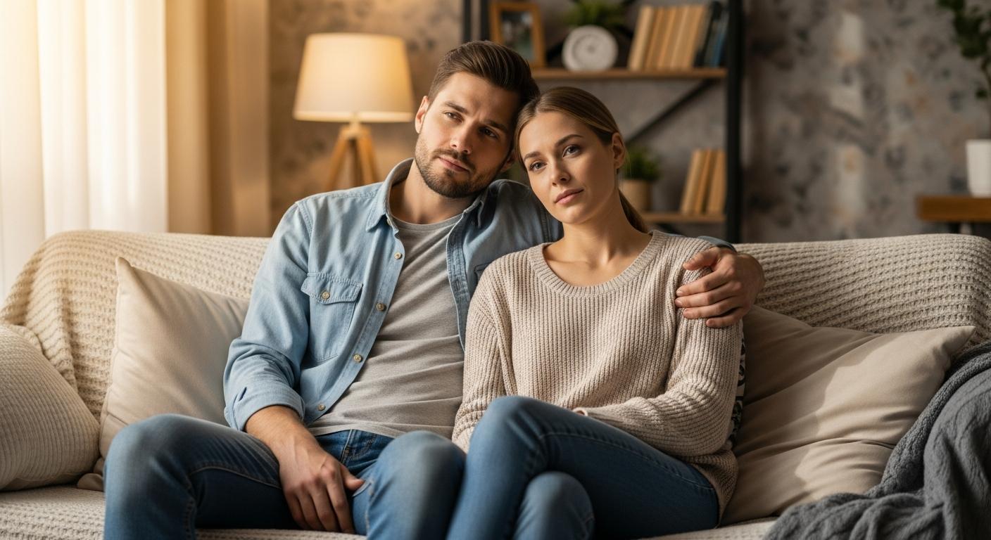 Un couple solidaire assis sur un canapé faisant face ensemble à l épreuve de la grossesse molaire.