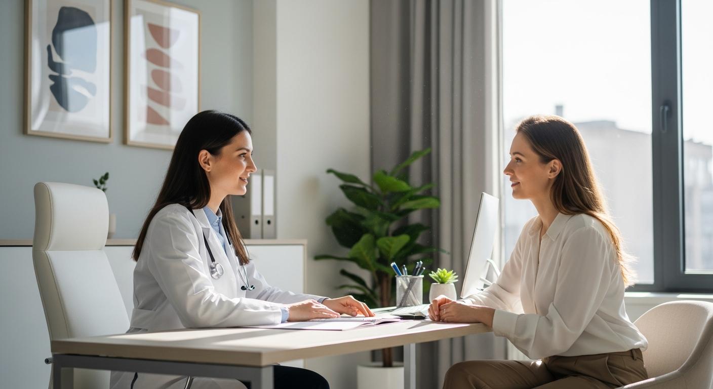A patient in consultation with a caring doctor to talk about false pregnancy in a modern office