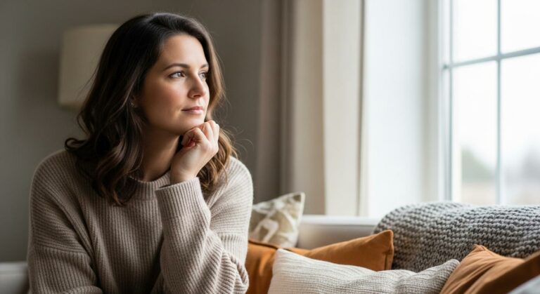 Jeune femme au regard pensif assise près d'une fenêtre face à une situation de grossesse non désirée