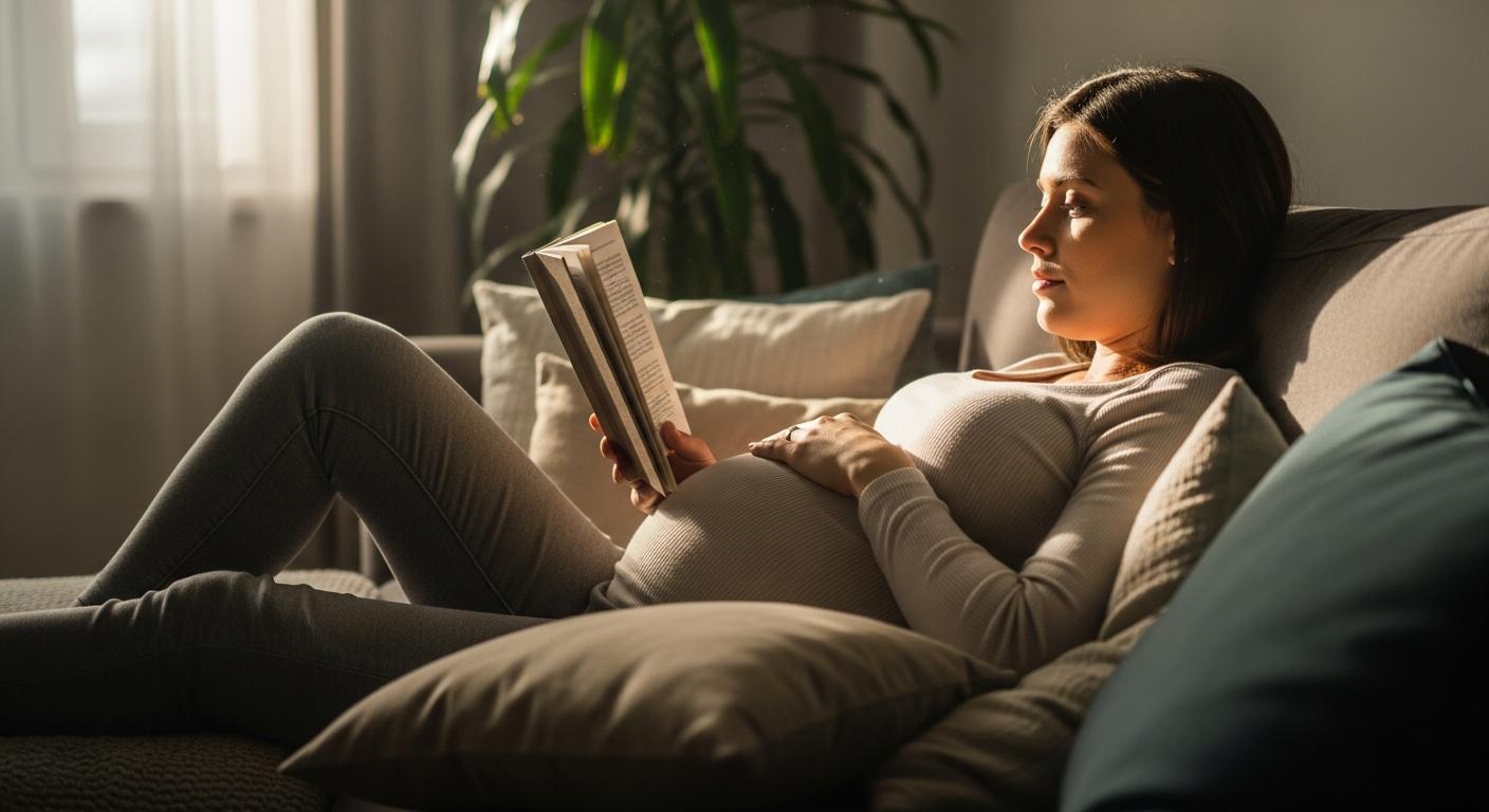 Expectant mother resting on her couch due to a high-risk pregnancy