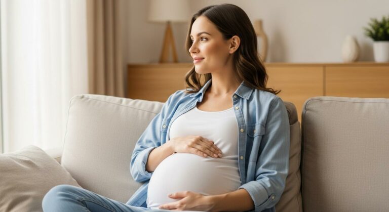 Une future mère apaisée se reposant sur son canapé lors d une grossesse seule