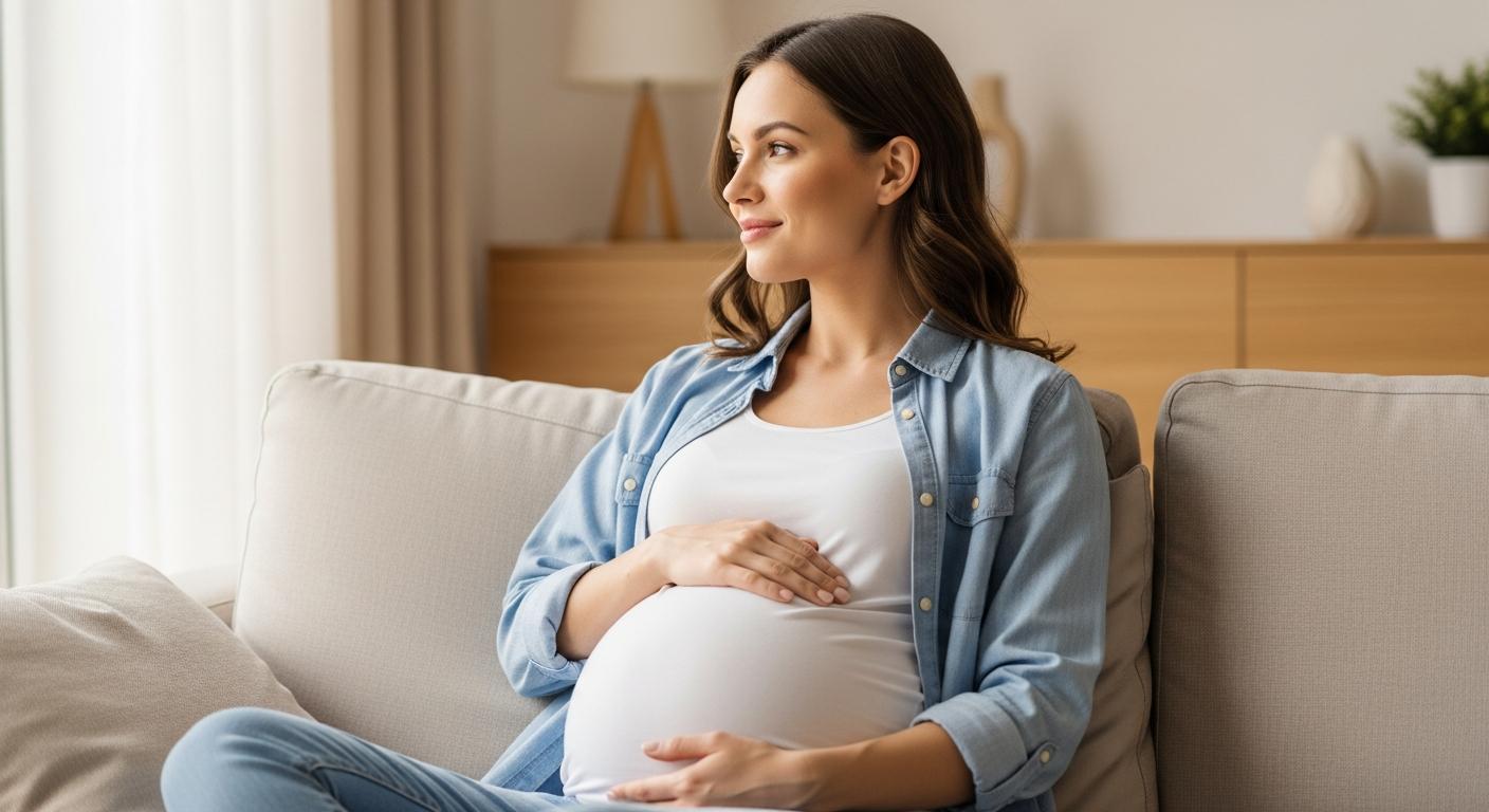Une future mère apaisée se reposant sur son canapé lors d une grossesse seule